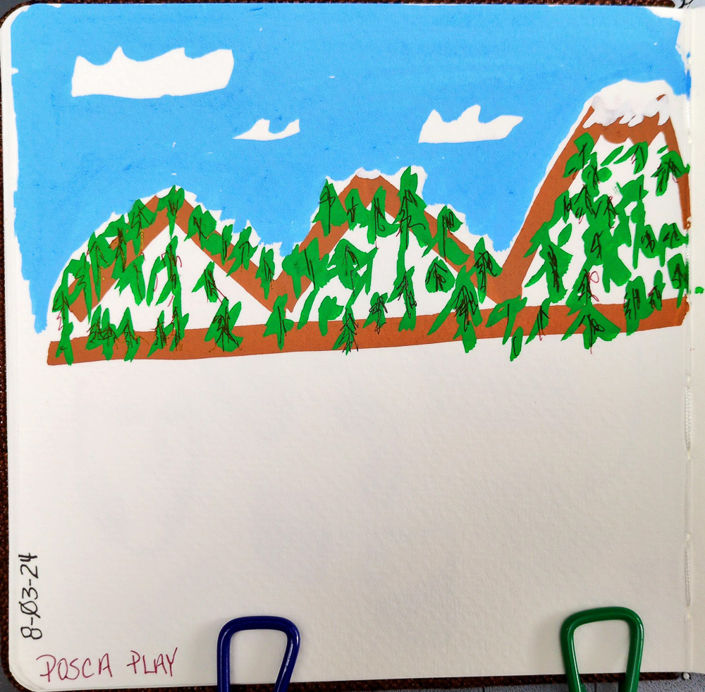 Very crude drawing of some mountains with trees on them and a blue sky
