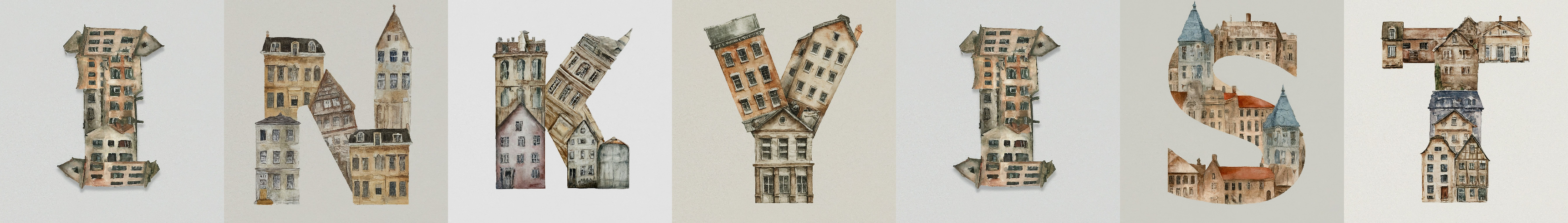 Inky.ist™ Logo of letters made from watercolor buildings